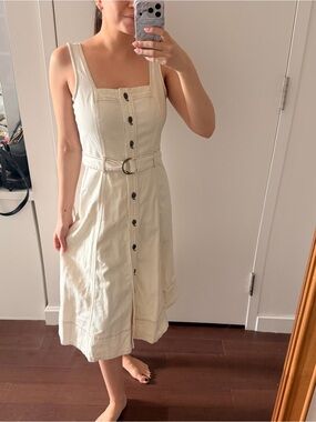 LOFT Cream Button-Front Stretch Denim Belted Midi Dress